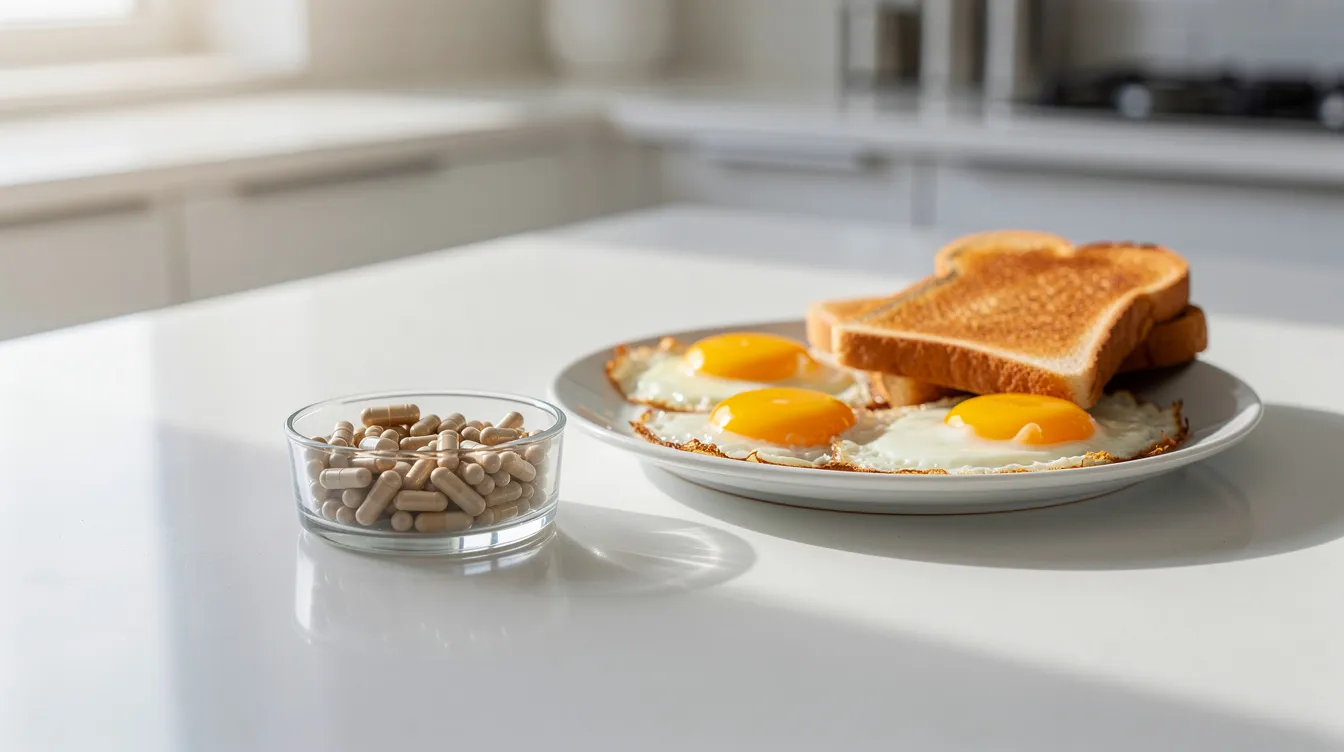 The image features a neat kitchen counter with supplement capsules placed next to a plate of eggs and toast, suggesting a healthy breakfast routine that may include lion's mane mushroom supplementation for cognitive benefits. This setting highlights a practical approach to integrating dietary supplements into daily habits for improved brain health and daytime focus.