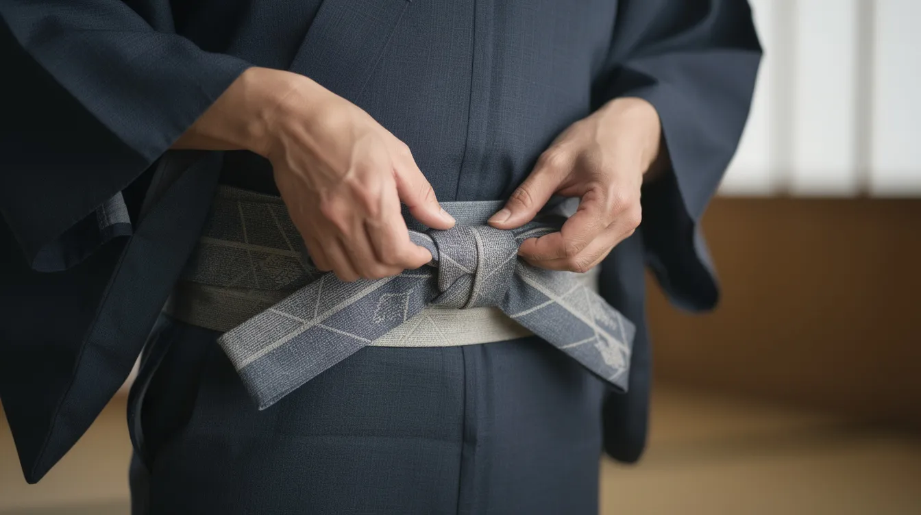 A close-up image shows hands adjusting a simple knot of an obi belt at the waist of a dark cotton yukata, with the left hand holding the fabric while the right hand pulls and wraps the obi around the waist. The focus is on the intricate details of the knot and the texture of the yukata fabric, emphasizing traditional Japanese attire.
