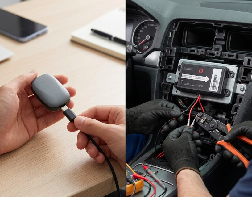 Comparison of personal GPS tracker charging via USB versus hardwired vehicle tracker installation by mechanic