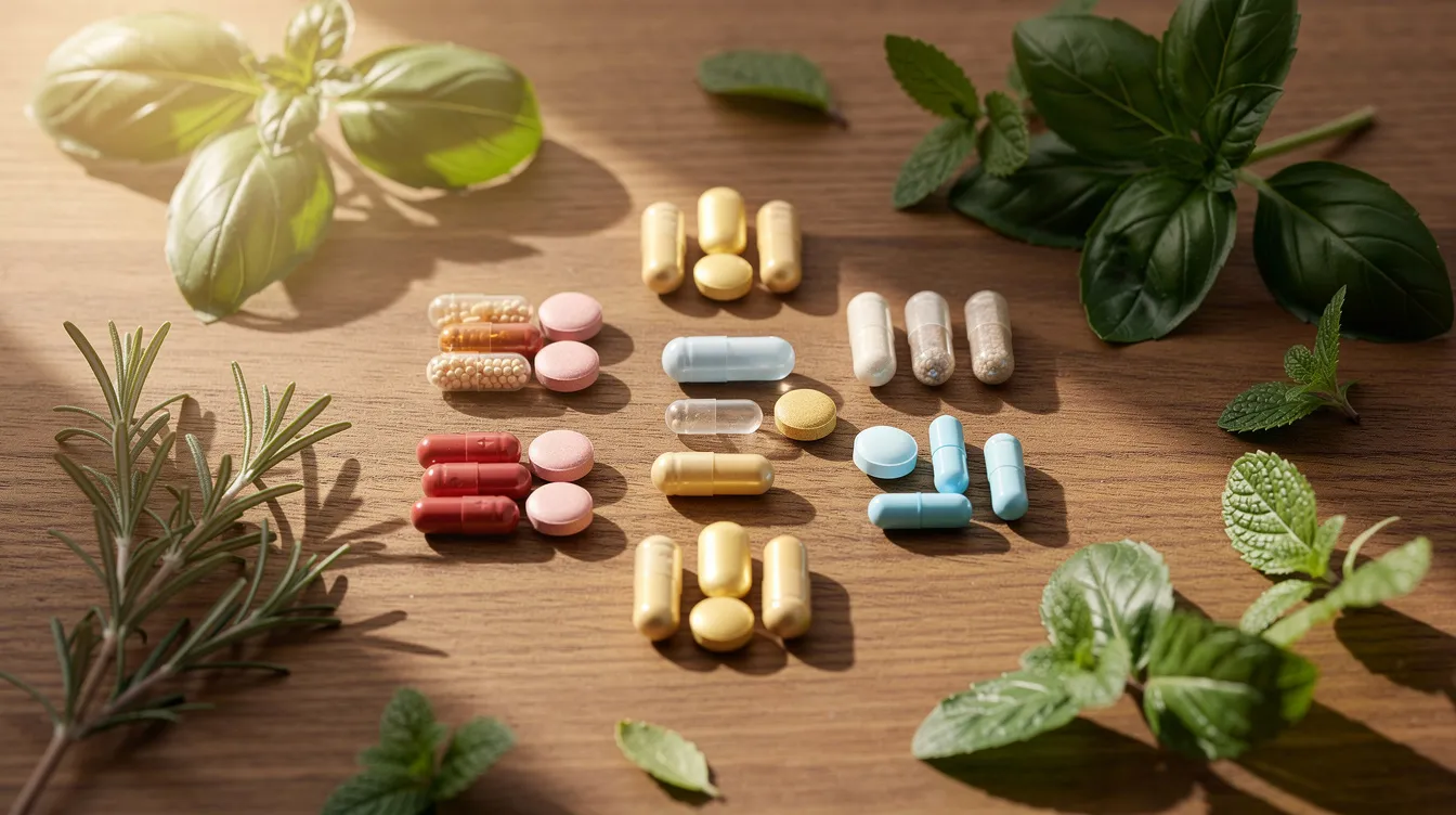 The image depicts an assortment of dietary supplement capsules and tablets neatly arranged on a wooden surface, accompanied by fresh herbs. These brain health supplements are designed to support cognitive function and protect brain cells, making them beneficial for healthy adults looking to boost memory and maintain mental clarity as they age.