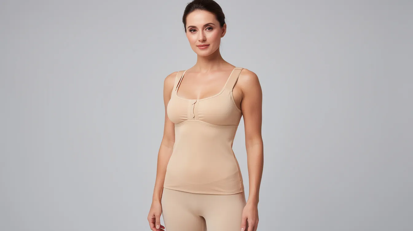 Imagen de una mujer que lleva puesta una prenda de compresión corporal color beige en el área del torso, destacando su figura después de un procedimiento de liposucción 360. La prenda ayuda a moldear el contorno del cuerpo y a facilitar la recuperación tras la cirugía.