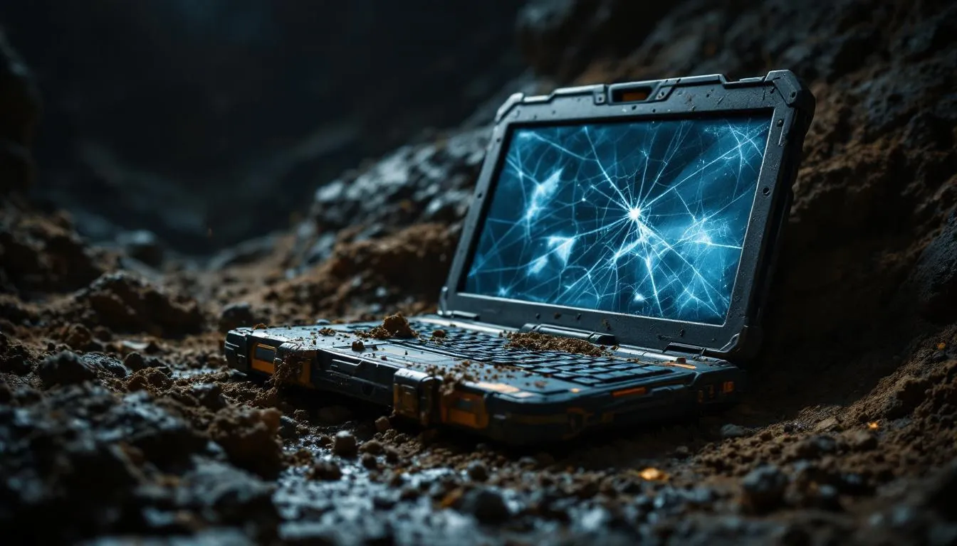 A rugged laptop being used in a harsh environment, showcasing its durability.