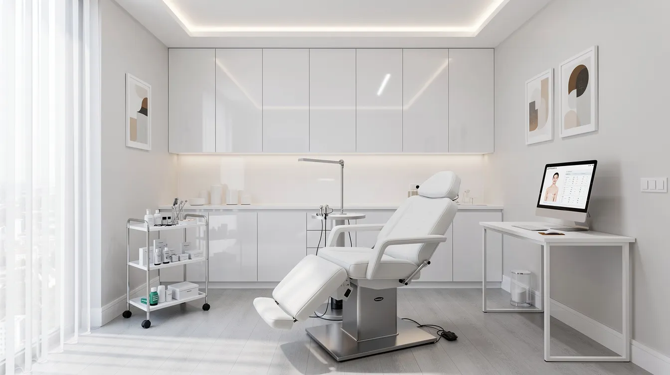 The image shows a modern aesthetic clinic consultation room featuring a clean white interior and a comfortable treatment chair, ideal for discussing under eye filler treatments. This serene environment is designed to help patients address concerns like dark circles and volume loss in the delicate under eye area.