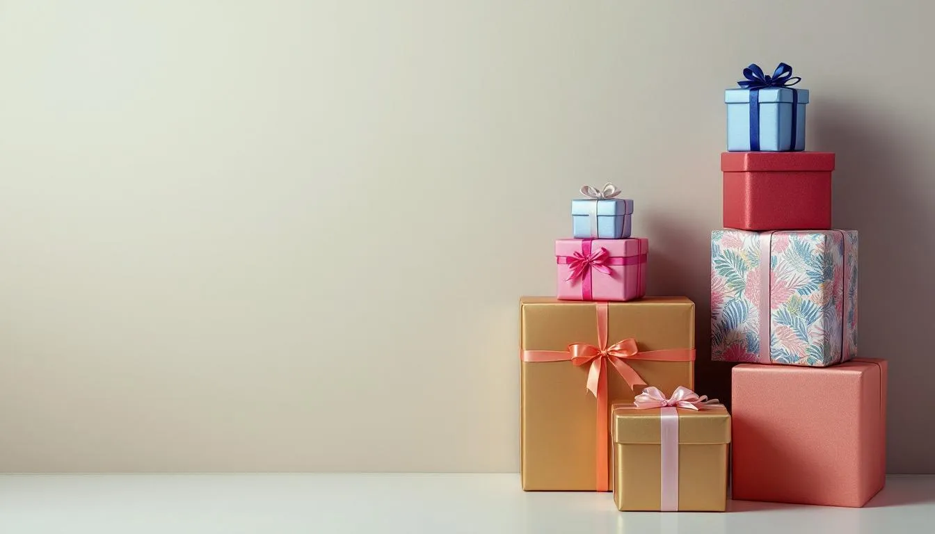 Na zdjęciu znajdują się kolorowe pudełka prezentowe w różnych rozmiarach, starannie ułożone pod ścianą, które mogą być idealnym prezentem na 18 urodziny. Te wspaniałe opakowania skrywają wyjątkowe upominki, które z pewnością ucieszą solenizanta.