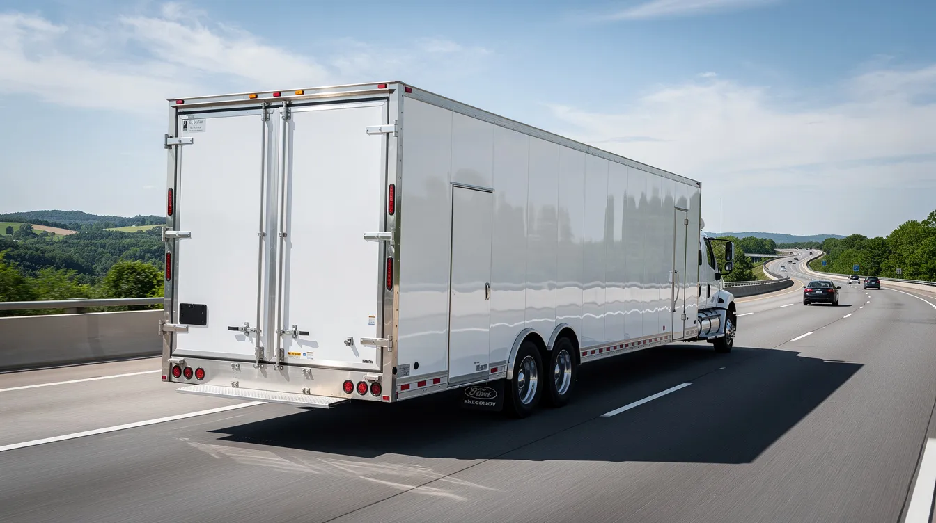 The image shows a covered enclosed auto transport trailer traveling on a highway, ideal for military car shipping services. This type of transport is commonly used for safely moving military vehicles and privately owned vehicles during permanent change of station (PCS) relocations.