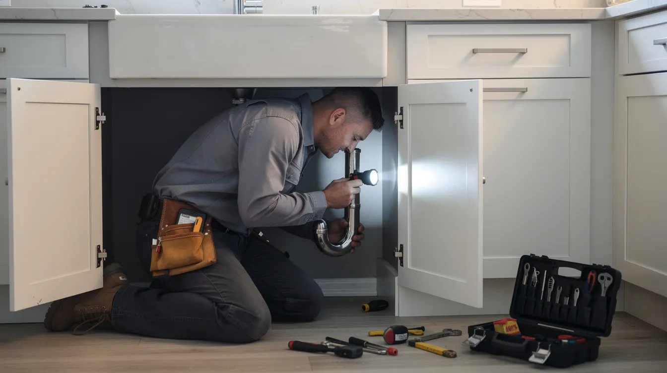A plumber is crouched under a kitchen sink, using a flashlight to inspect a drain pipe for potential blockages. The scene highlights the importance of professional drain cleaning services in addressing issues like clogged kitchen sinks and ensuring proper water flow in the plumbing system.