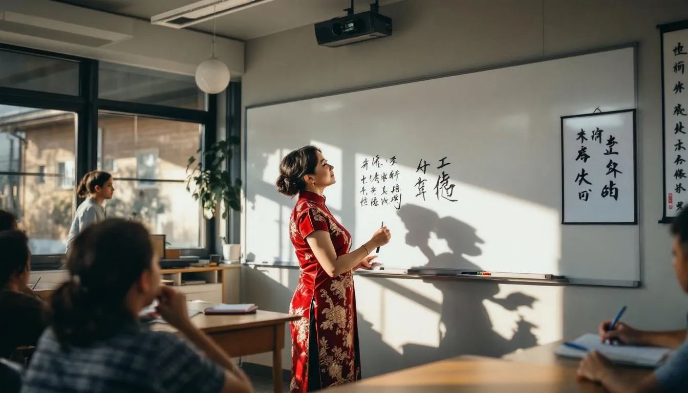 The image features a Chinese language teacher standing in front of a classroom filled with engaged students. The teacher is using innovative teaching methods to enhance language learning and promote cultural understanding, creating an inclusive atmosphere for students of varying ability levels.