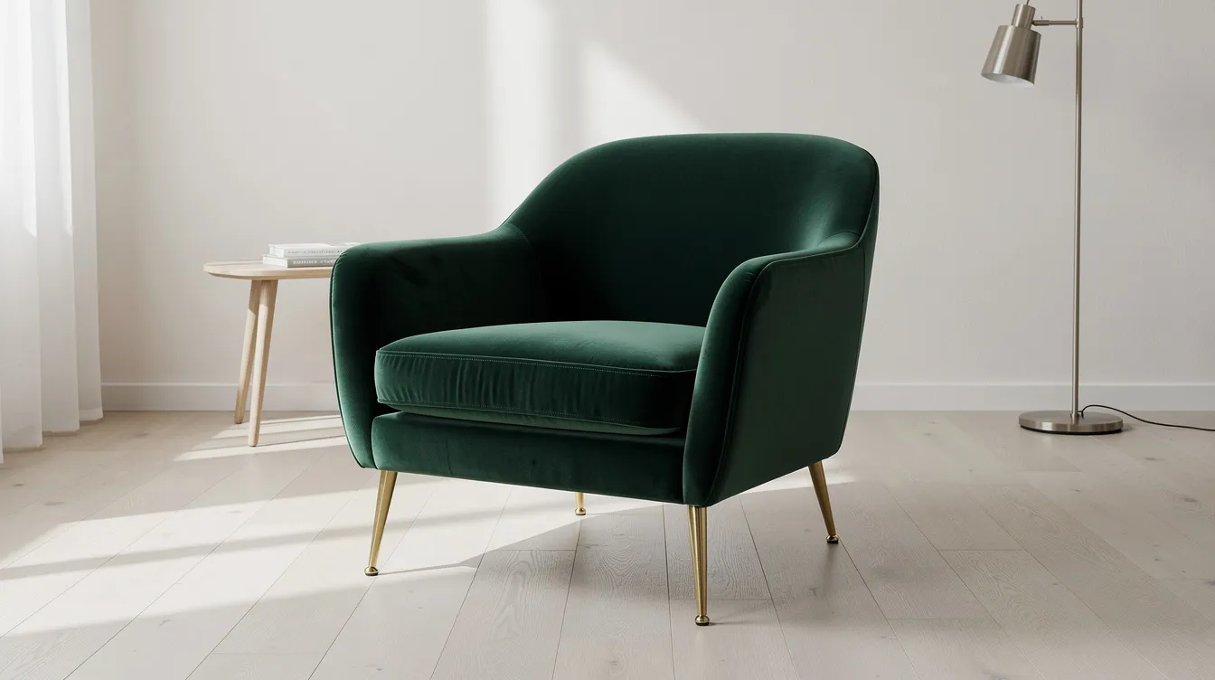 En djupgrön sammetsfåtölj med eleganta mässingsben står i en stilren miljö, vilket ger en känsla av lyx och komfort. Fåtöljen erbjuder en skön sittplats och passar perfekt i vardagsrummet eller som en modern detalj i hemmet.