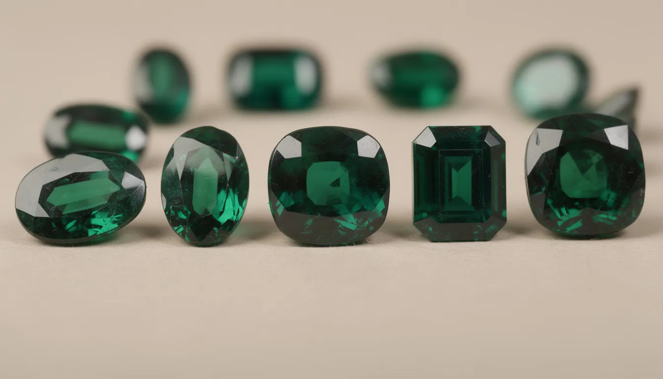 A collection of various emerald gemstones in different cut styles, including oval and cushion cuts, is elegantly arranged on a neutral surface. The vibrant green hues of the emeralds reflect their timeless beauty, making them a popular choice for jewellery pieces such as eternity rings and necklaces.