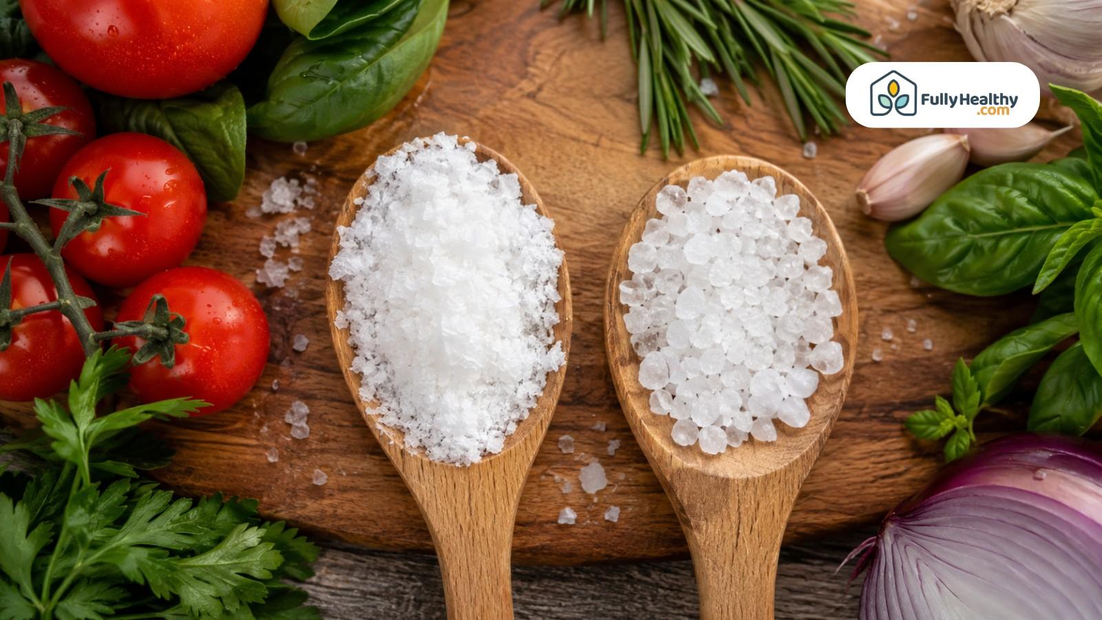 Overhead comparison of kosher salt flakes and sea salt beside fresh herbs