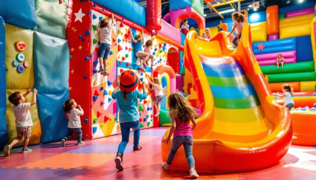 In a vibrant indoor play area, children are joyfully exploring various colorful climbing structures and engaging with interactive elements, including a ball pit and smaller slides. This lively space encourages social skills and imaginative play, making it an ideal setting for birthday parties and open play sessions.
