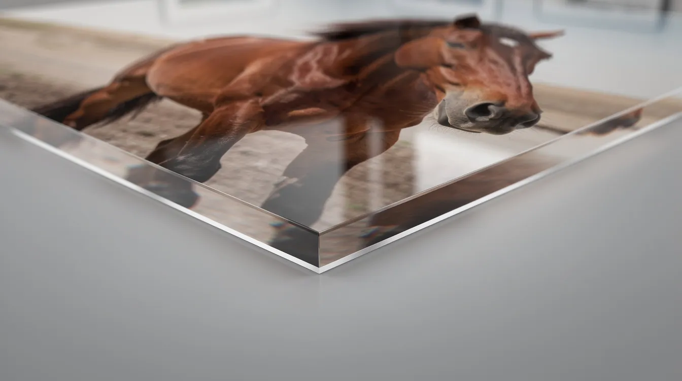 This close-up detail of a fine art horse photograph captures the exceptional clarity and depth of wild horses, showcasing their untamed beauty and elegance. The acrylic face-mounted print enhances the visual impact, making it a striking statement piece for modern interiors or gallery walls.