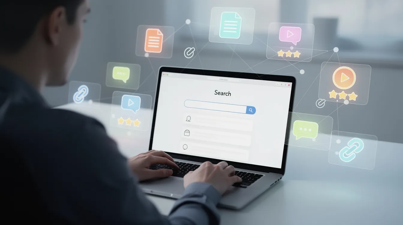 The image depicts a person engaged with a laptop displaying a search interface, surrounded by floating icons that symbolize connected content and recommendations. This visual highlights concepts such as semantic search and vector embeddings, emphasizing the importance of capturing semantic meaning and relationships in modern retrieval systems.