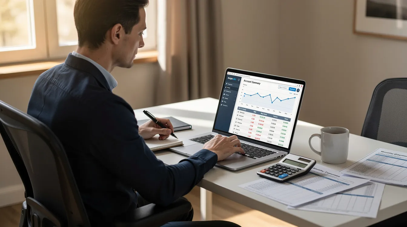f53eb51f 791b 4985 b975 c48a439ee96f A person is seated at a desk, focused on their laptop screen while reviewing their financial records online, which may include their credit report and cibil score. The scene emphasizes the importance of checking for errors in personal details and payment history to maintain financial credibility.