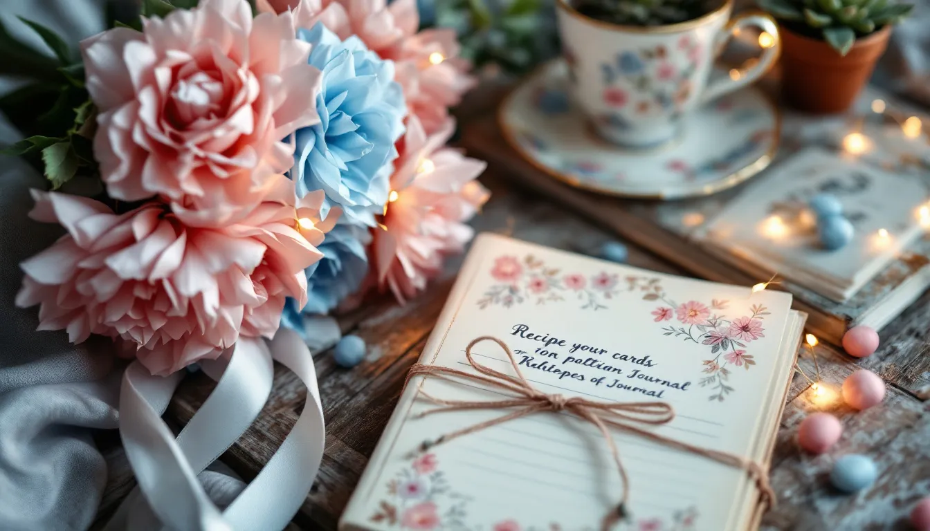 A close-up view of sentimental handmade gifts featuring a vibrant tissue paper flower bouquet, a DIY journal with a beautifully decorated cover, and neatly tied recipe cards, all arranged with soft lighting and charming props like teacups and small plants, creating a cozy atmosphere perfect for celebrating cherished memories with loved ones.