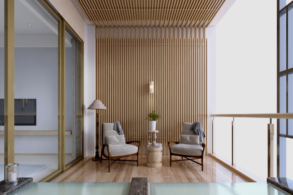 interior wood slat wall ideas for balcon room