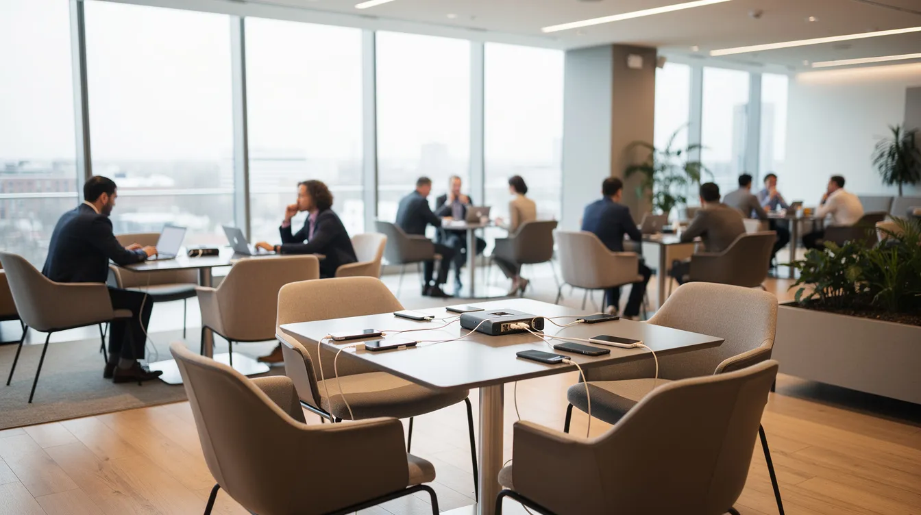 The image depicts a modern conference lounge area where attendees are seated at tables equipped with built-in charging stations, with multiple devices plugged in and charging. Natural lighting enhances the space, showcasing stylish furniture that fosters a comfortable event environment, ideal for networking and engagement.