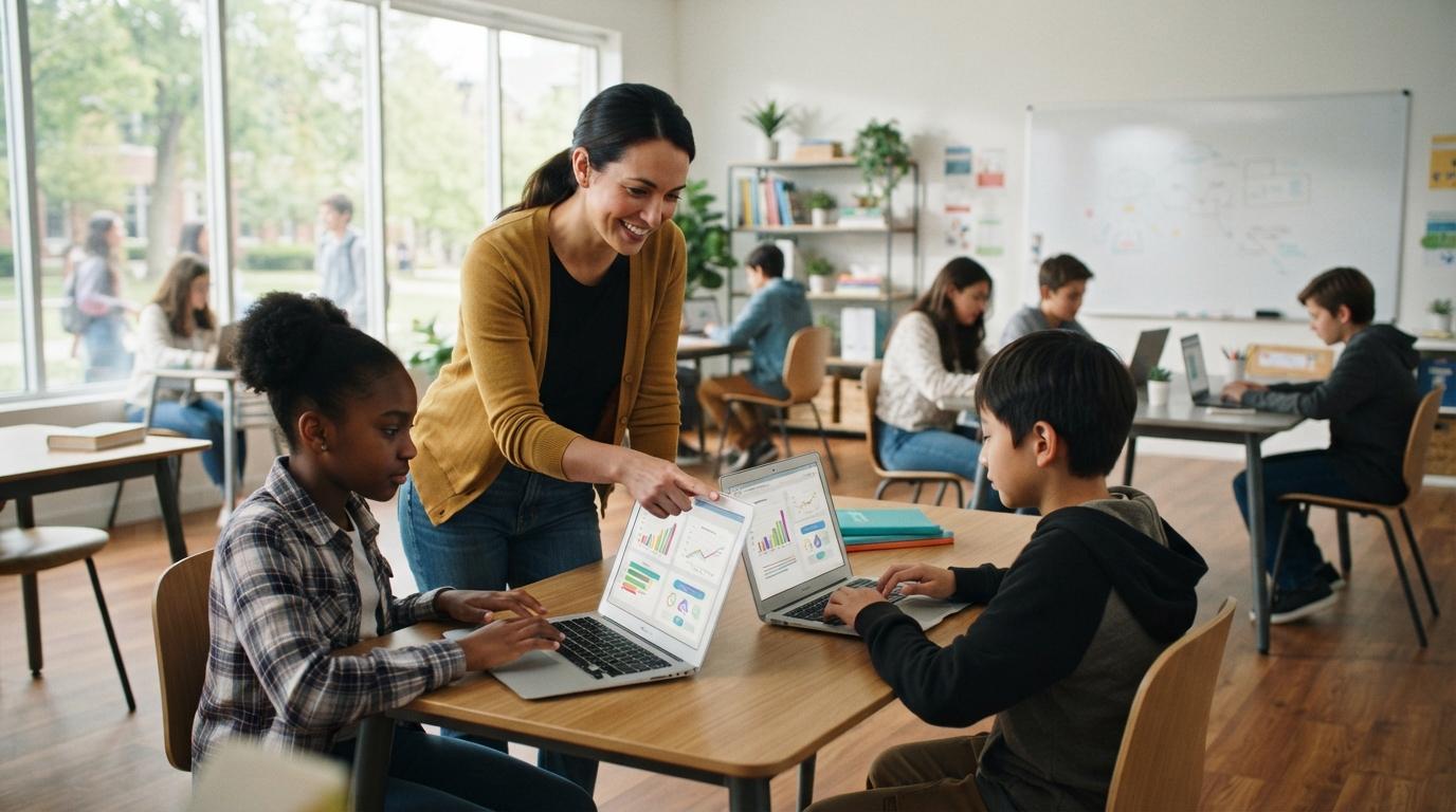 Photorealistic teacher guiding students using laptops in a modern classroom, personalized AI-assisted learning across multiple subjects, bright natural lighting.