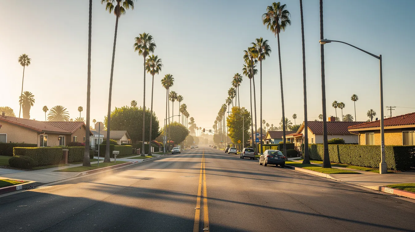 A vibrant Southern California street scene features tall palm trees swaying gently in the warm sunlight, with the Lincoln Pawn Shop visible on W Lincoln Ave in Anaheim. The atmosphere reflects the end of summer, inviting customers to explore the store for collateral loans, tools, and cash offers.