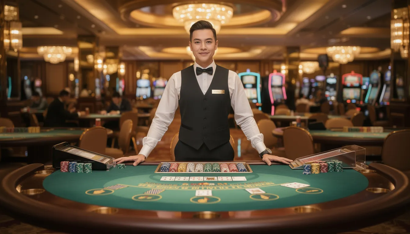 En professionell croupier står vid ett spelbord i ett casino, redo att leda spelare genom olika spel och bonusar. Atmosfären är livlig och spännande, med fokus på att erbjuda en underhållande spelupplevelse.