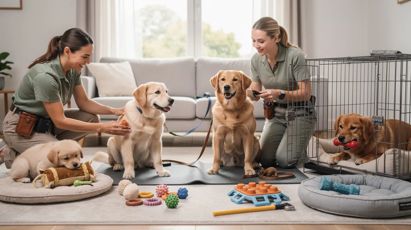 The image depicts a teething puppy surrounded by various safe chew toys, illustrating the teething process as the puppy transitions from baby teeth to adult teeth. Its inflamed gums and playful demeanor highlight the common symptoms of puppy teething, making it a relatable scene for pet parents.