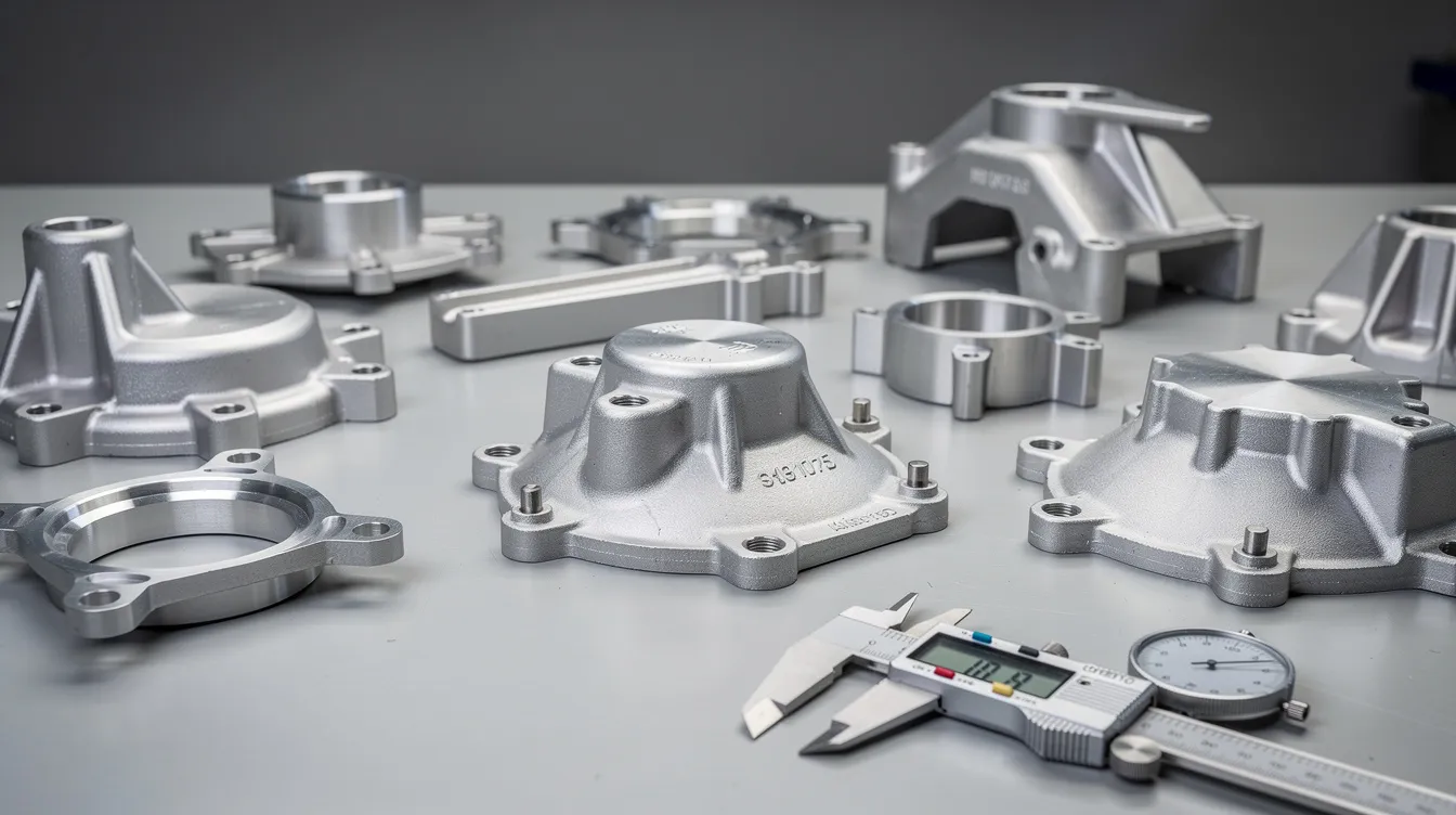 The image depicts a selection of precision aluminum die cast automotive parts neatly arranged on an inspection table, with calipers placed nearby for measurement. This setting highlights the importance of tight tolerances and quality control in the die casting industry, showcasing high-quality aluminum components ready for evaluation.