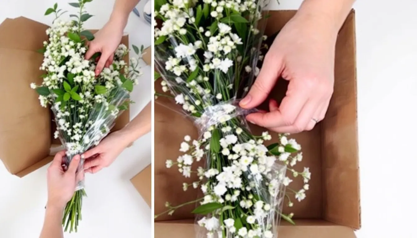In this image, a person is demonstrating the proper technique for wrapping fresh flowers for air travel, using damp paper towels and plastic wrap to ensure the bouquet stays hydrated. The step-by-step process highlights the importance of preparing flowers for carry on luggage, especially when flying on domestic and international flights.