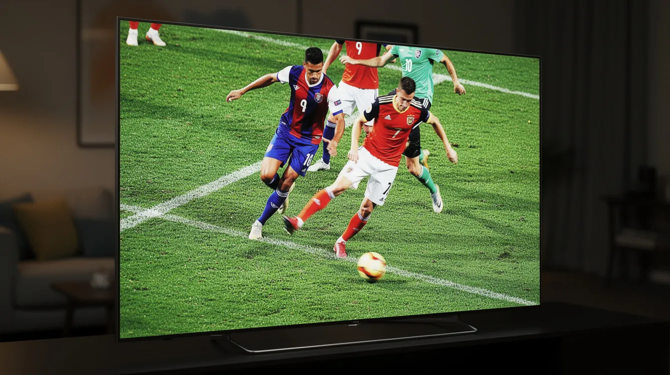A close-up view of a television screen displays a vibrant live football match, showcasing exceptional picture quality and sharp detail, ideal for sports fans eager to stream live TV channels. This image highlights the capabilities of reliable IPTV services for enjoying premium sports channels and live content.