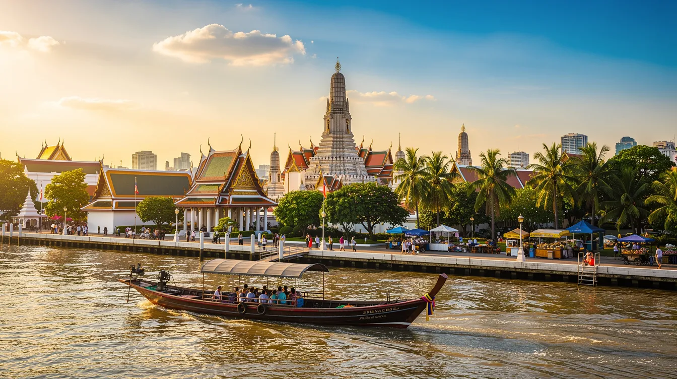 Imagem de Bangkok, Tailândia, durante o verão, com um belo cenário de arranha-céus e vegetação tropical, refletindo a vida vibrante da cidade. Ao fundo, é possível ver o sol brilhando sobre as águas, criando uma atmosfera perfeita para turistas que buscam explorar as atrações e a vida noturna da região.