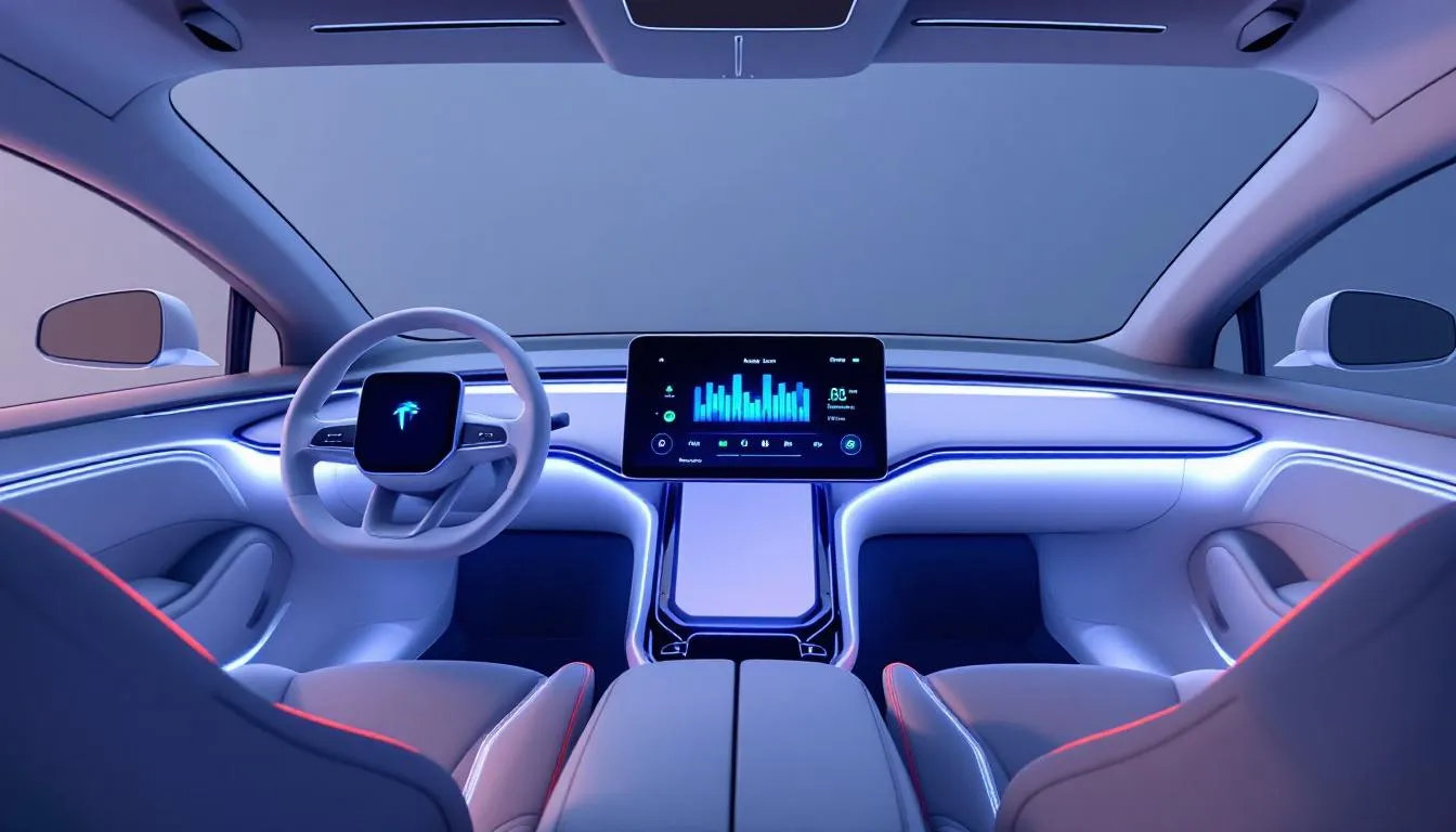The image depicts a modern electric vehicle interior featuring an advanced audio system display, showcasing high-quality speakers and controls designed to enhance the music experience with powerful bass and superior performance. The sleek setup emphasizes innovation and comfort, making every journey enjoyable with its engineered sound system.