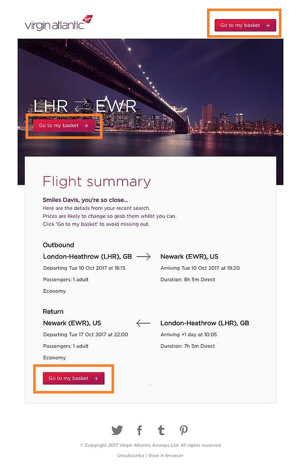 Example abandoned cart email - Source: Virgin Atlantic | TheBloggingBox.com