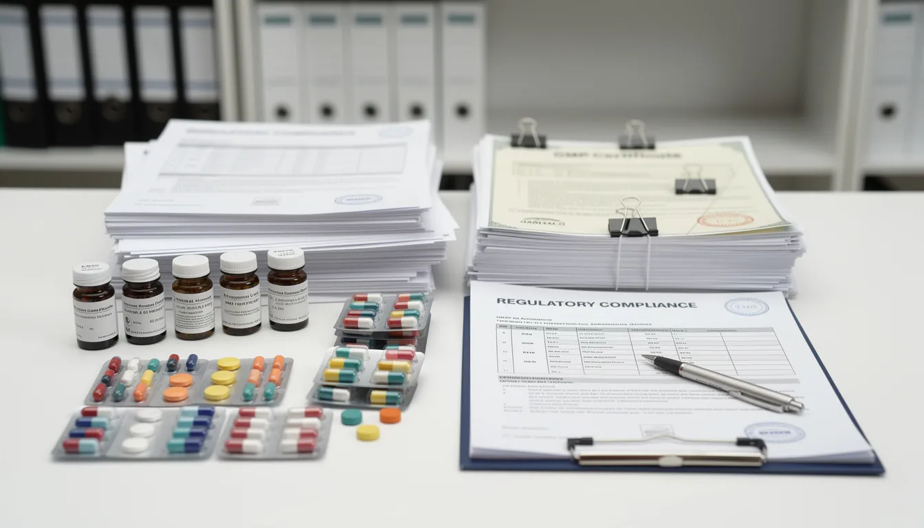 The image features an assortment of pills and tablets neatly arranged alongside various regulatory compliance documents related to prescription drugs and medical devices. These documents may include guidelines from the Drug Enforcement Administration and Health Canada, emphasizing the importance of drug safety and personal importation regulations for medications intended for personal use.