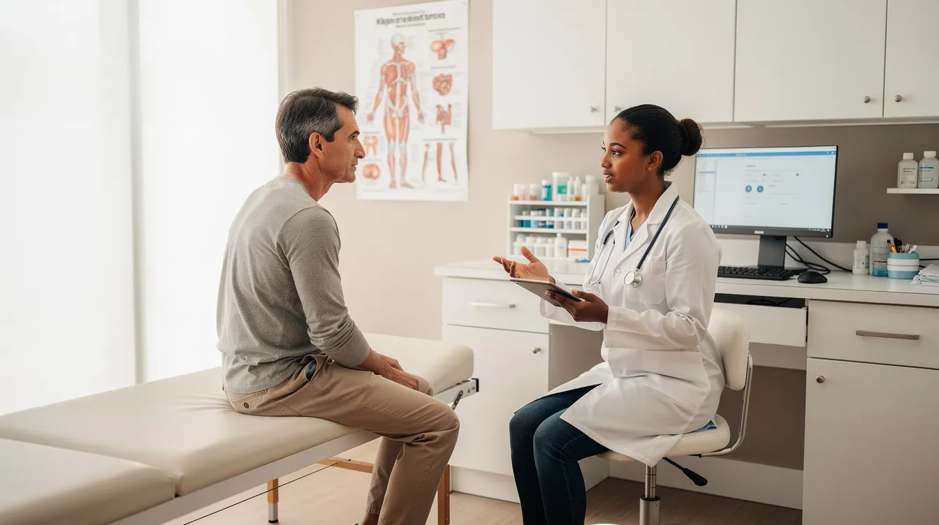 The image depicts a person engaged in a consultation with a healthcare professional in a medical office, discussing topics related to insulin sensitivity and metabolic health. The setting suggests a focus on improving human metabolism, potentially involving nmn supplementation and its effects on glucose uptake and insulin resistance.