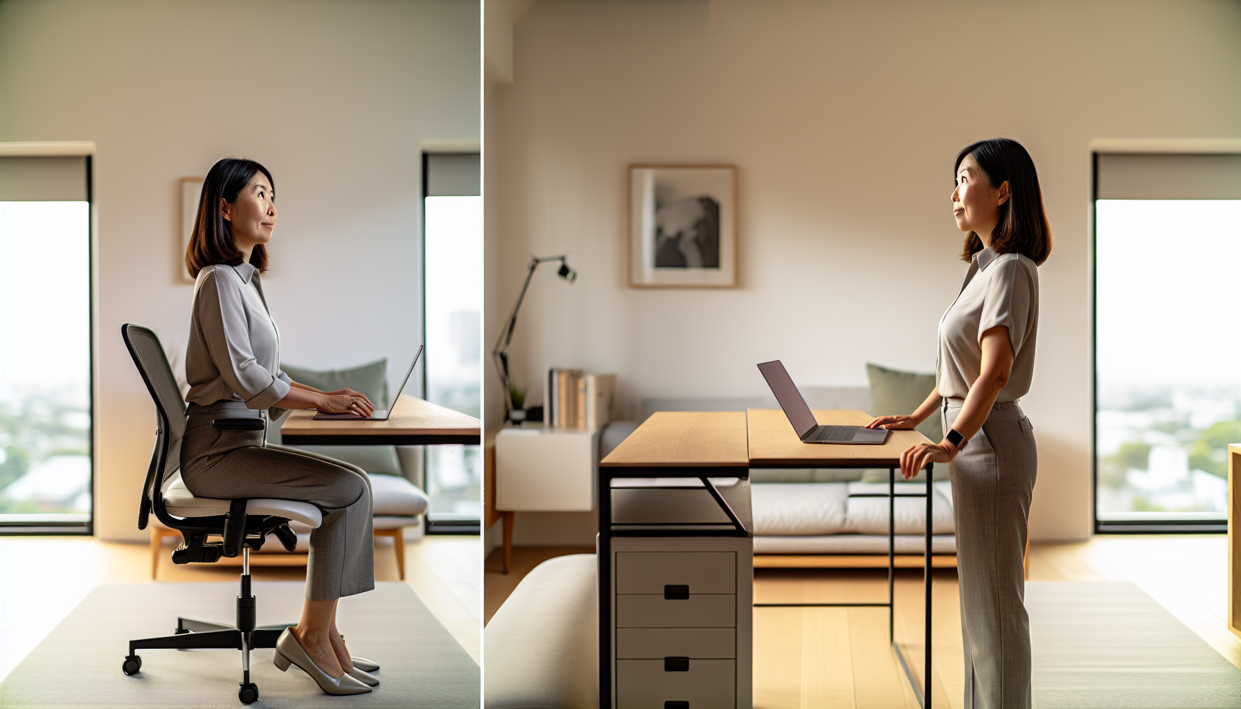 Photo of a comparison between standing and sitting at a desk