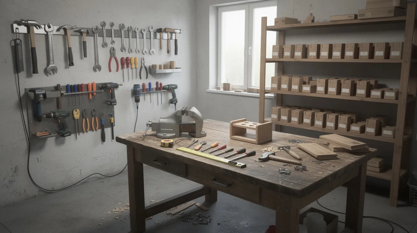 f55759a5 2c12 4625 a4d3 dc33cfef5410 The image depicts a small workshop interior, showcasing tools neatly arranged on racks, a sturdy workbench, and shelves filled with finished products, illustrating a typical micro enterprise setup. This environment represents the essence of small enterprises that may benefit from financial assistance through schemes like the Pradhan Mantri Mudra Yojana, supporting entrepreneurs in their business journey.