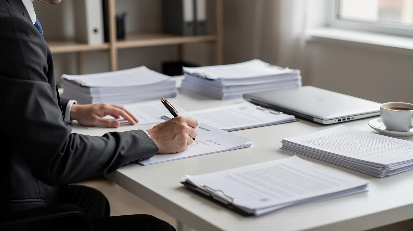 A person is seated at a desk, focused on writing a formal letter, with various documents related to business loans and financial assistance spread around them. The scene suggests preparation for applying for a mudra loan, highlighting the importance of a satisfactory credit track record for eligible borrowers.