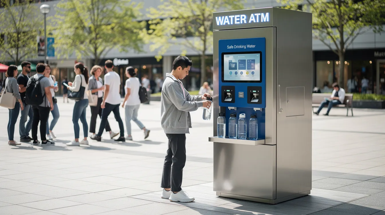 The image shows a modern water ATM vending machine situated in a busy public area, with people nearby interacting with it. This innovative setup highlights the increasing demand for clean drinking water and reflects the growing interest in sustainable water management solutions in urban and rural areas.