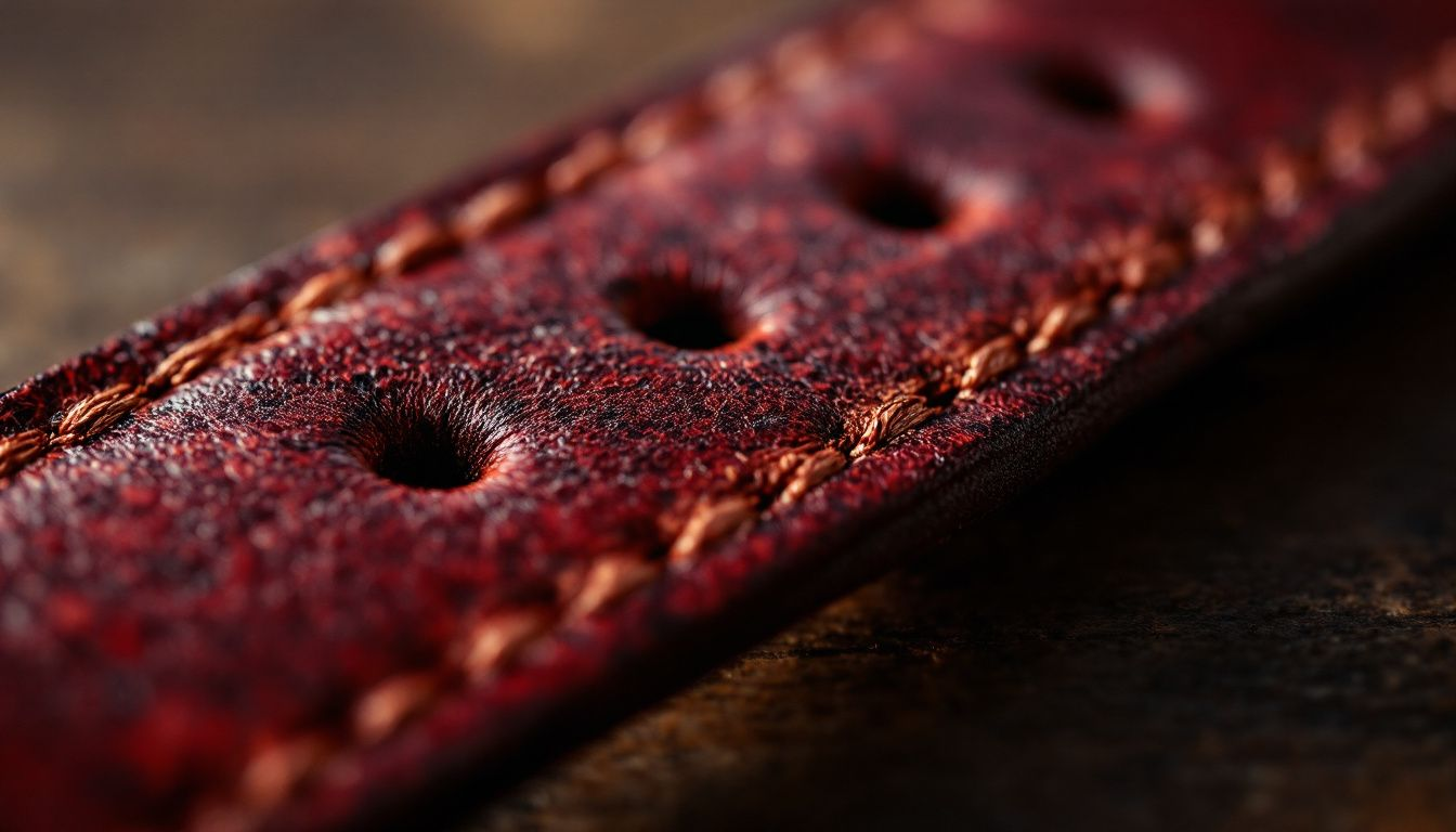 Close-up of the vintage oiled burgundy watch band features.