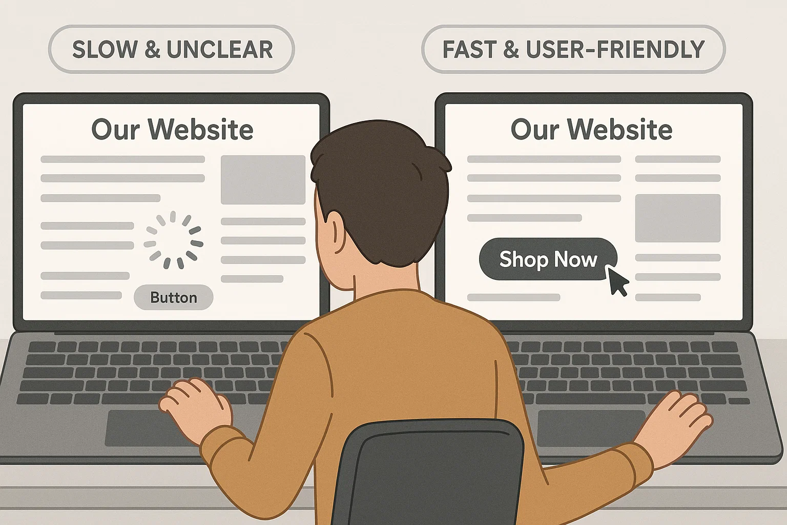 Comparison between a poorly designed site and a clean, helpful one optimised for results.