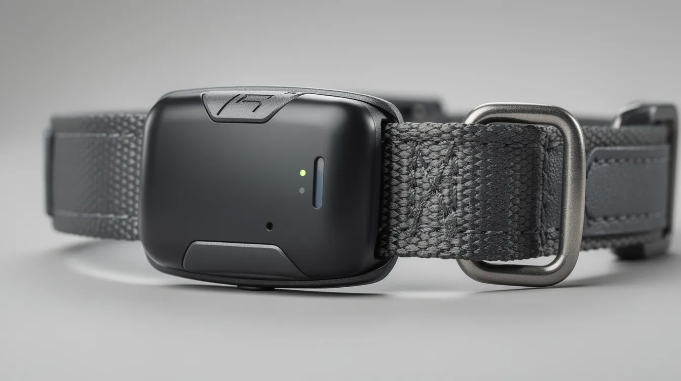 A close-up image of a GPS tracking device securely attached to a dog's collar, showcasing its sleek design and functionality for accurate location tracking. This GPS dog tracker is ideal for pet owners who want to monitor their furry friend's whereabouts in real time during outdoor adventures.