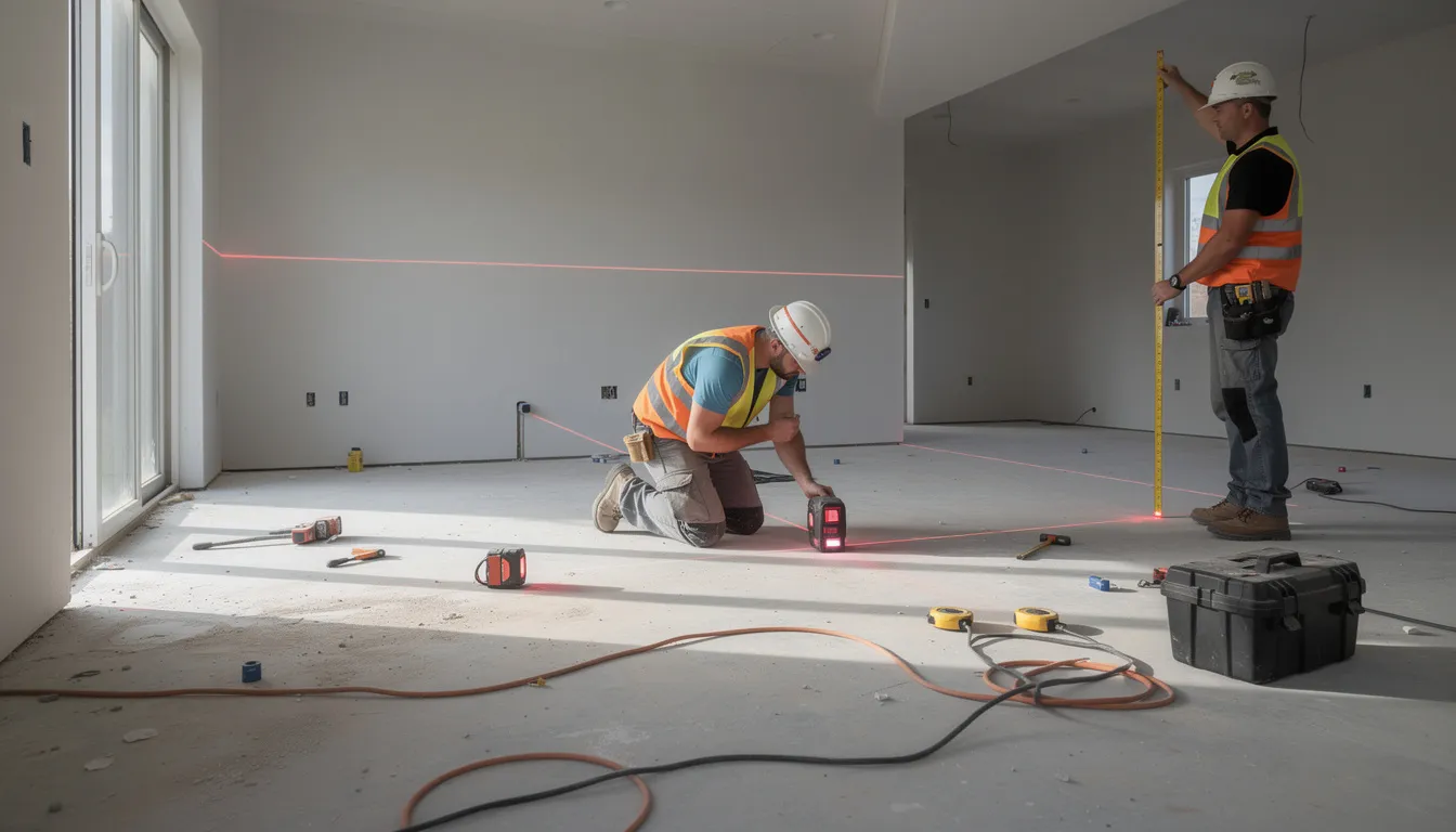 A team of workers is inside a house, using laser equipment to measure floor levels, which is essential for identifying foundation issues and ensuring the structural integrity of the building. This careful planning is part of the house levelling process, aimed at addressing uneven floors with minimal disruption and potentially involving house repiling and new piles to create a stable foundation.