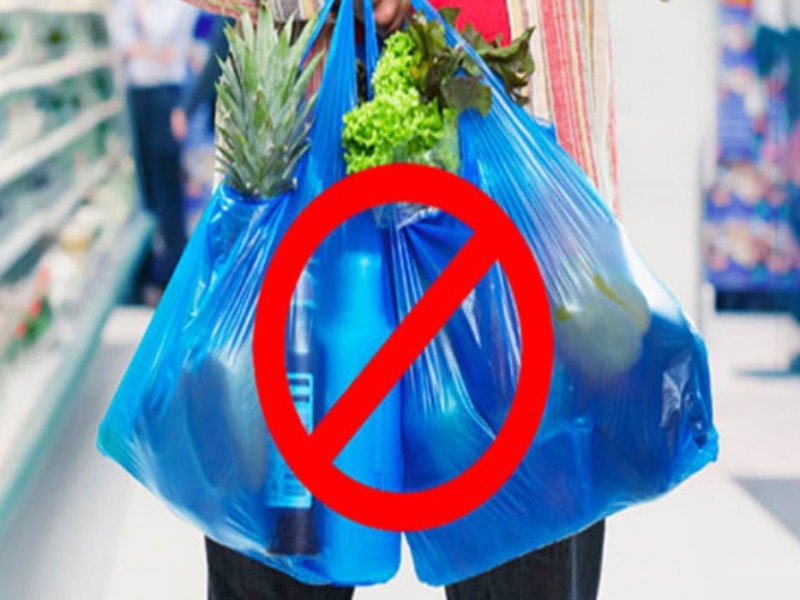 Plastic grocery bags with red ban symbol