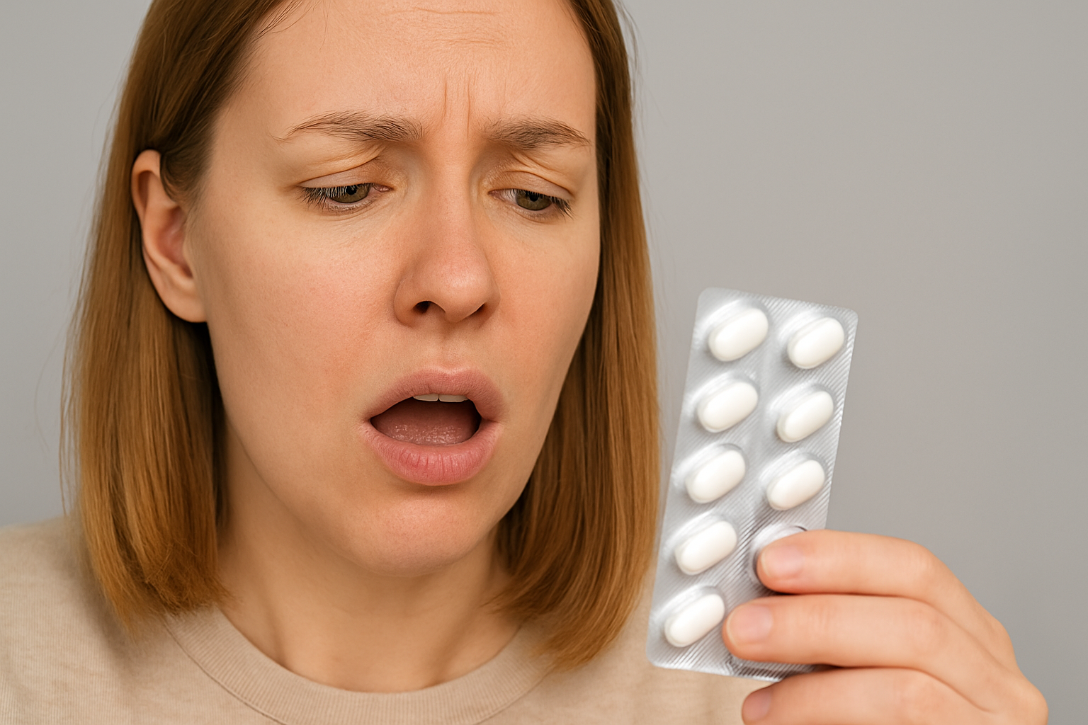 Kvinne ser bekymret på pillebrett med åpen munn, antyder usikkerhet rundt mulige bivirkninger i munnhulen fra medisiner.