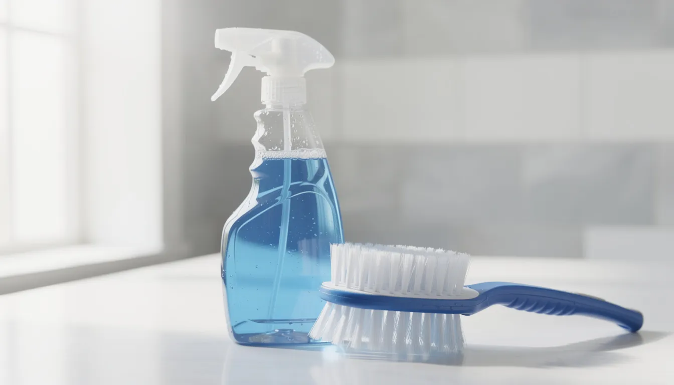A spray bottle filled with cleaning solution sits next to a scrubbing brush, ready for use in removing mold from surfaces. This setup is ideal for tackling mold growth in damp areas, ensuring better indoor air quality and preventing health concerns associated with black mold.
