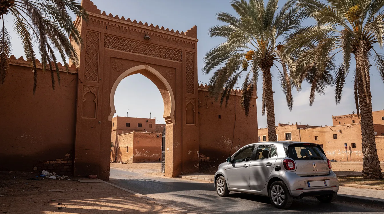 Une voiture compacte garée près d'une porte traditionnelle d'une ville marocaine.