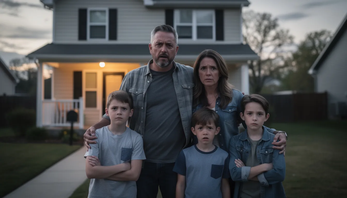A concerned family stands outside their home, looking worried about potential mold problems, possibly due to water damage. Their expressions reflect the anxiety of dealing with health issues related to mold exposure and the importance of a thorough mold inspection.