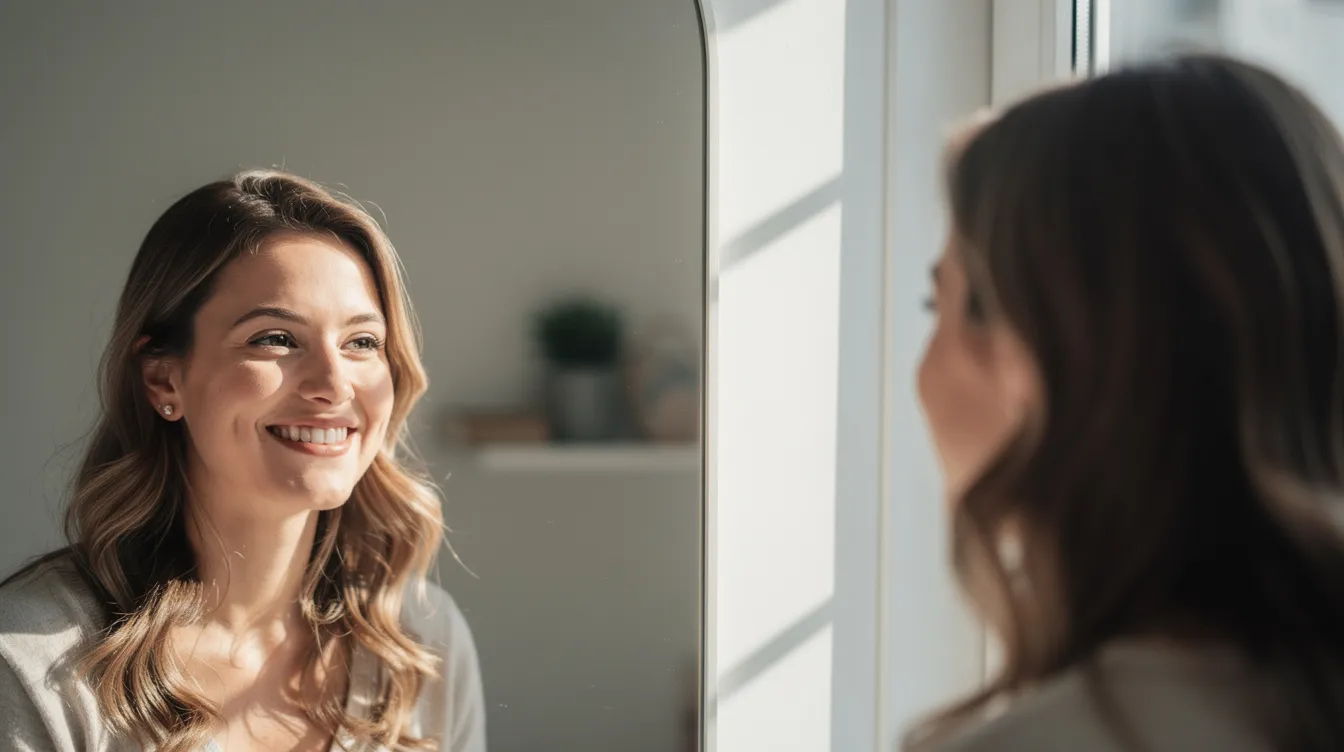 A woman is smiling while admiring her reflection in a mirror, surrounded by natural light in a cozy room. This moment captures her satisfaction, possibly after undergoing a breast lift procedure, as she appreciates her enhanced natural shape and breast volume.