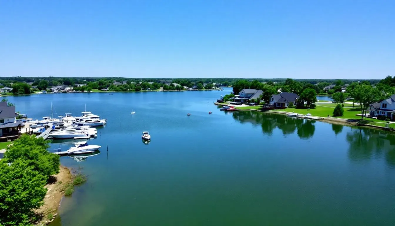 A picturesque view of Lake of the Ozarks showcases boats gently bobbing on the water, surrounded by beautiful waterfront properties. The scene captures the serene essence of this Missouri destination, perfect for families and individuals seeking leisure and insurance solutions alike.