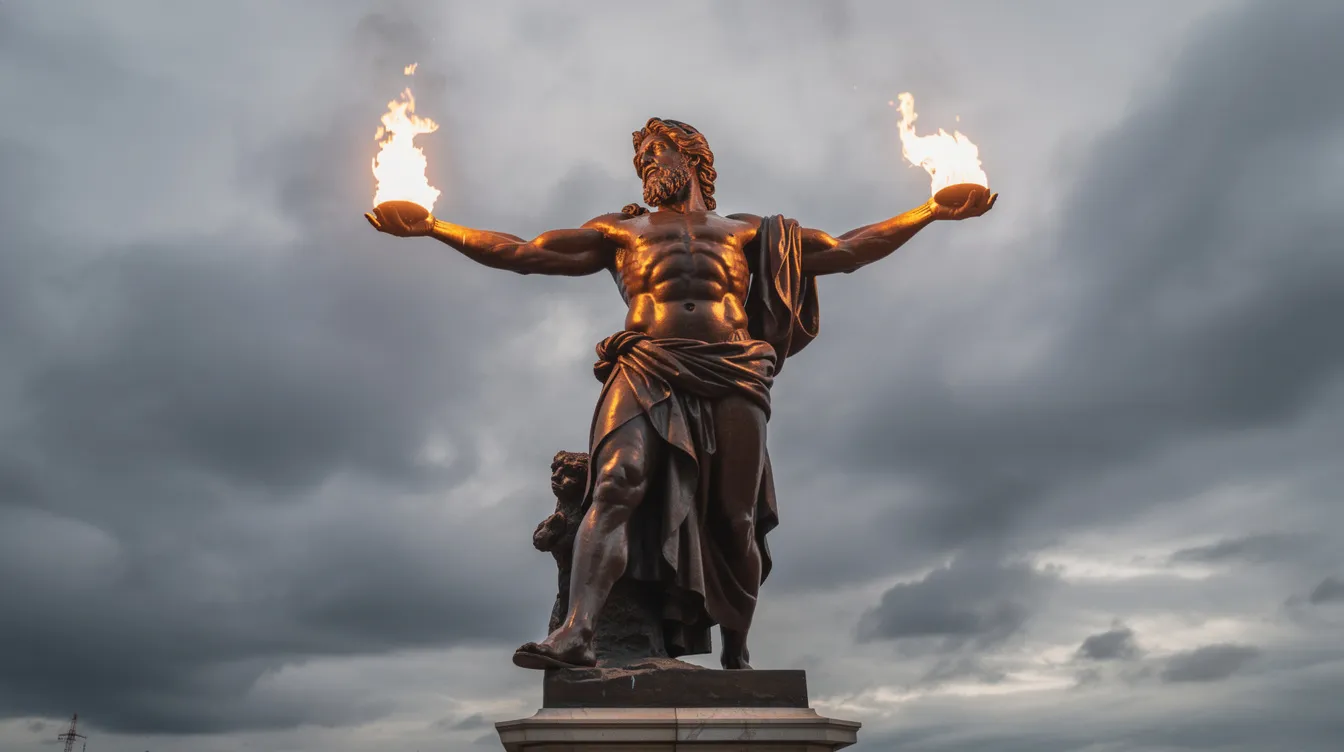 Die Skulptur des Prometheus, der das Feuer in den Händen hält, steht majestätisch vor einem bewölkten Himmel und symbolisiert die Rebellion gegen die Götter und die Suche nach Freiheit, zentrale Themen der Sturm und Drang Bewegung. Diese Darstellung verkörpert die Leidenschaft und das Leiden des Individuums, die auch in den Werken von Autoren wie Goethe und Schiller zu finden sind.