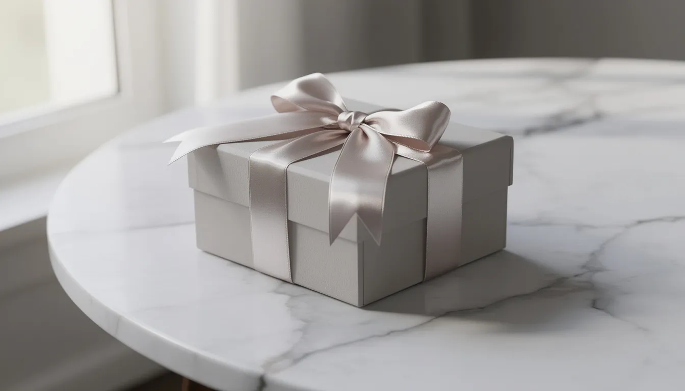 An elegant jewellery gift box adorned with a satin ribbon bow rests on a smooth marble surface, creating a sophisticated presentation for a perfect gift. The original packaging hints at the luxurious necklace inside, ideal for special occasions or as a thoughtful surprise.
